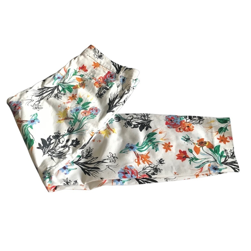 Contemporaine Women's Floral Cotton Trousers White Size 14